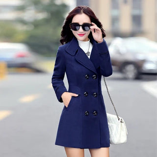 Buy navy 2021 Women Blends Woolens Overcoat Female Coat Autumn Winter Coats Jackets Women Plus Size Coat Women&#39;s Wool Coats Long Tops