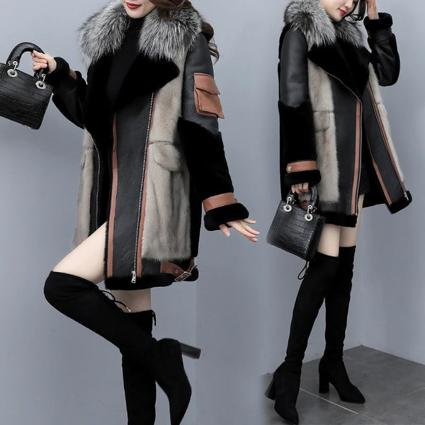 2024 New Women's Winter Fashion Fur Coat Women's Korean Loose Spliced Fox Fur Collar Warm Coats Female Long Parker Overcoat