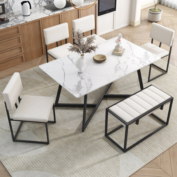 Modern Faux Marble 6-Piece Dining Table Set,60inch Metal Kitchen Table Set With Upholstered Dining Chairs and Bench, Bla