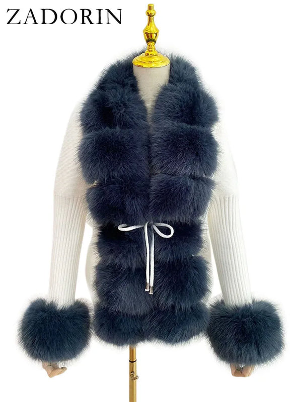 ZADORIN Fall Winter Women Faux Fur Coat Luxury Knitted Sweater Fur Cardigan Detachable Collar White Pink Jacket Faux Fur Coats