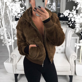 Buy coffee Wholesale High Quality Solid Color Hooded Imitation Fur Coat Winter Plus Size Women&#39;s Coats