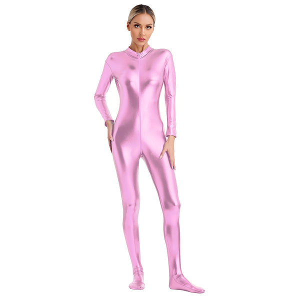 Womens Metallic Shiny Zentai Jumpsuit Mock Neck Long Sleeve Zipper Full Body Unitard Tights for Gymnatics Performance Clubwear