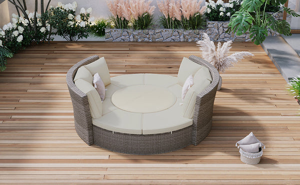 Patio 5-Piece Round Rattan Sectional Sofa Set All-Weather PE Wicker Sunbed Daybed With Round Liftable Table and Washable