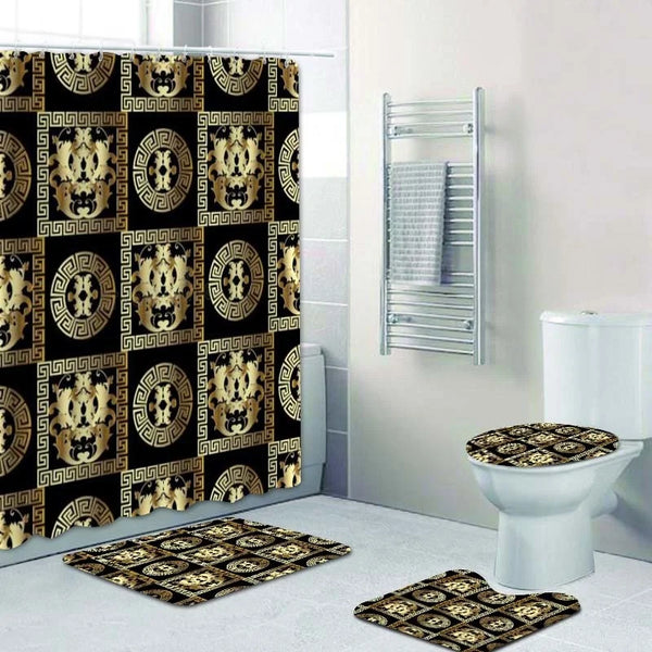 3D Luxury Black Gold Greek Key Meander Baroque Bathroom Curtains Shower Curtain Set for Bathroom Modern Geometric Bath Rug Decor