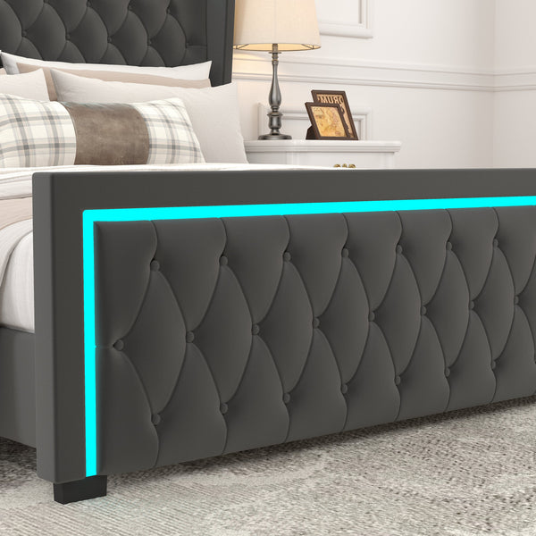 Queen Platform Bed Frame With High Headboard, Velvet Upholstered Bed With Deep Tufted Buttons, Adjustable Colorful LED L