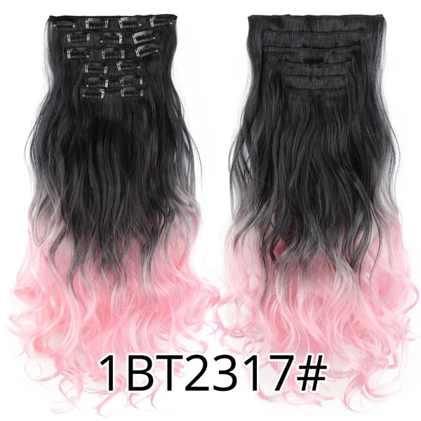 Alileader 22Inch Synthetic Long Curly 16Clips Clip in Hair Extensions Body Wave Hairpiece 6Pcs Resistant Fiber Ombre Blond Women