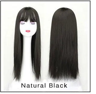 Buy natual-black Gres Blonde Synthetic Hair Piece Women 3 Clips in Hair Extension With Bangs 22&quot; Long High Temperature Fiber Brown/Grey/Black