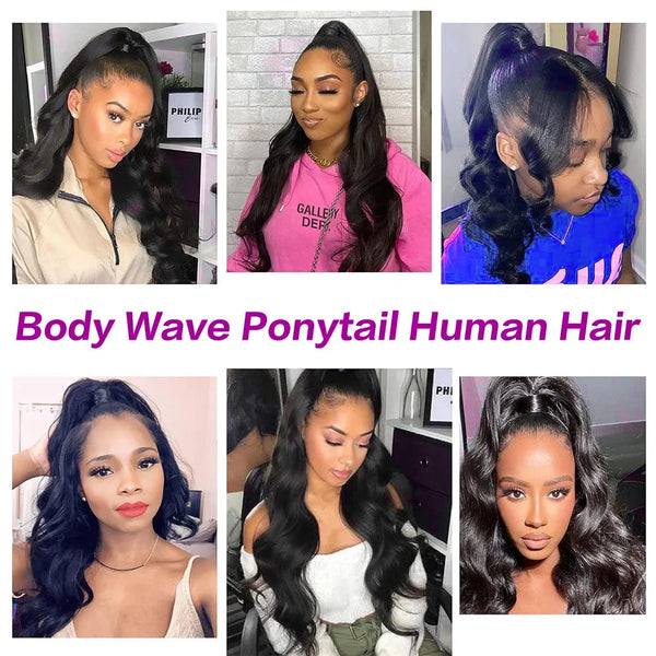 Body Wave Ponytail Human Hair Drawstring Ponytail Remy 100% Human Hair Extensions Chip-In Hair Ponytail Extensions Natural Black