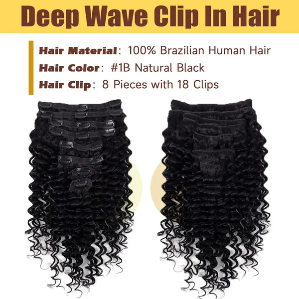 Deep Wave Clip Ins Human Hair Extensions for Women 8Pcs Extensions Real Human Hair Curly Thick to Ends With 120g/Set