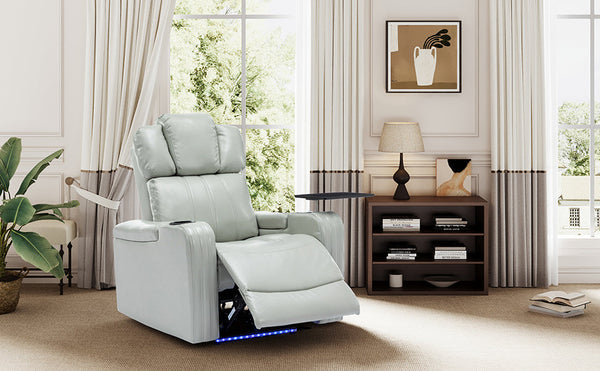 PU Leather Power Recliner Individual Seat Home Theater Recliner With Cooling Cup Holder, Bluetooth Speaker, LED Lights,