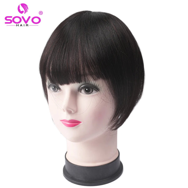 Human Hair Bangs Clip in Blunt Cut Fringe OverHead Wispy Air Bang Black Brown Blonde 2 Clips Hair Topper Extensions 8.5x7.5cm