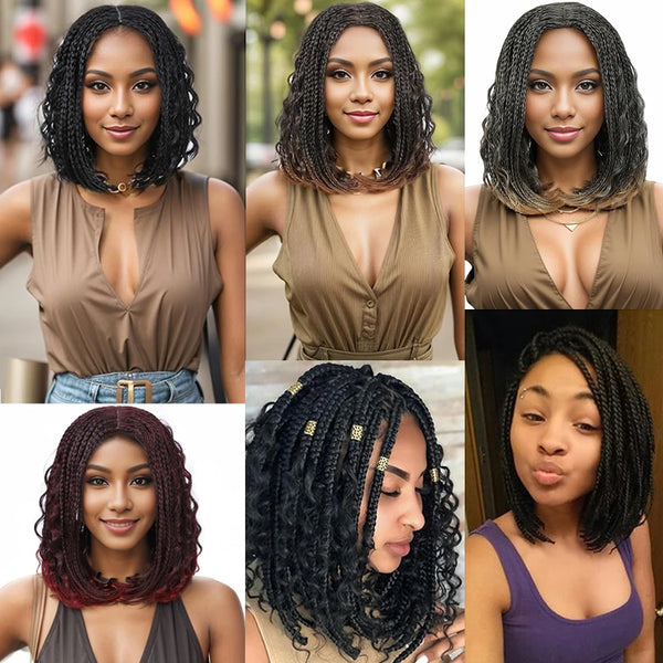 12 Inch Box Braided Wigs Perruque Tresse Africaine Cheap Wigs on Sale Clearance Short Bob Braids Wig With Boho Curly for Women