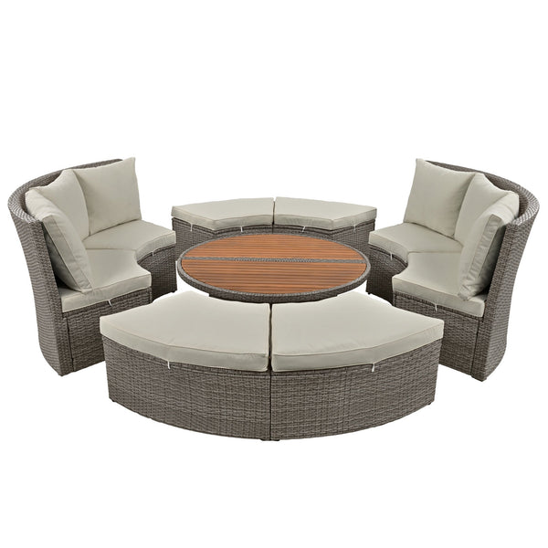 Patio 5-Piece Round Rattan Sectional Sofa Set All-Weather PE Wicker Sunbed Daybed With Round Liftable Table and Washable