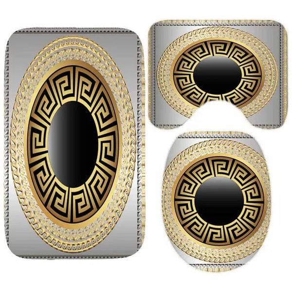 3D Luxury Black Gold Greek Key Meander Baroque Bathroom Curtains Shower Curtain Set for Bathroom Modern Geometric Bath Rug Decor