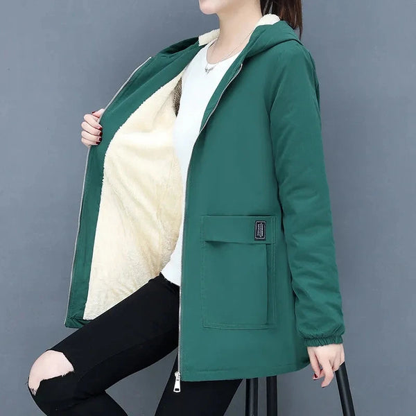 4XL Women Windbreaker Winter Autumn Women's Fleece Jacket Coats Loose Hooded Mid Long Overcoat Zipper Pocket Female Basic Coat