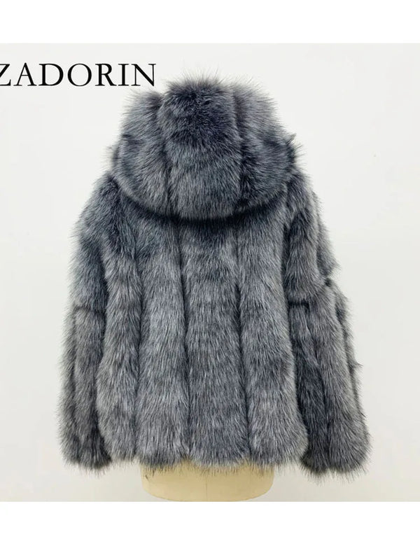 ZADORIN New Luxury Faux Silver Fox Fur Coat Women Hooded Front Zipper Furry Warm Winter Faux Fur Jacket Office Lady Fur Coats