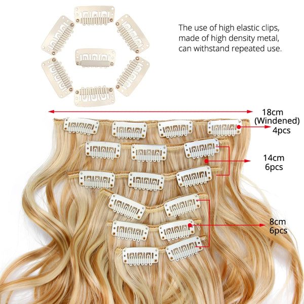 Alileader 22Inch Synthetic Long Curly 16Clips Clip in Hair Extensions Body Wave Hairpiece 6Pcs Resistant Fiber Ombre Blond Women