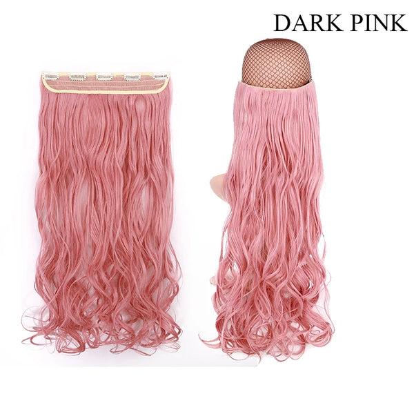 BENEHAIR Synthetic Hairpieces 24" 5 Clips in Hair Extension One Piece Long Curly Hair Extension for Women Pink Red Purple Hair