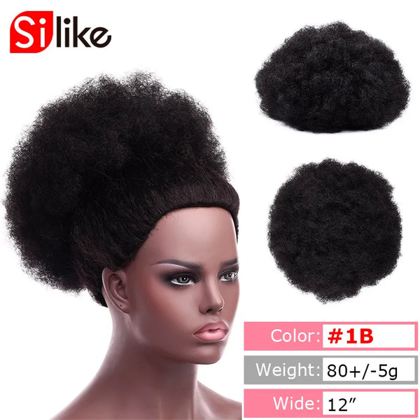 Silike Synthetic Short Afro Puff Hair Bun High Temperature Drawstring Warp Pony Tail Clip in Hair Extension Kinky Curly Hair Bun