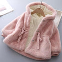 2021 Girls Kids Winter Coat Fake Fur Soft Velvet Thickening Warm Hooded Coats Cute Baby Belt Overcoats Children Clothing 0-8t