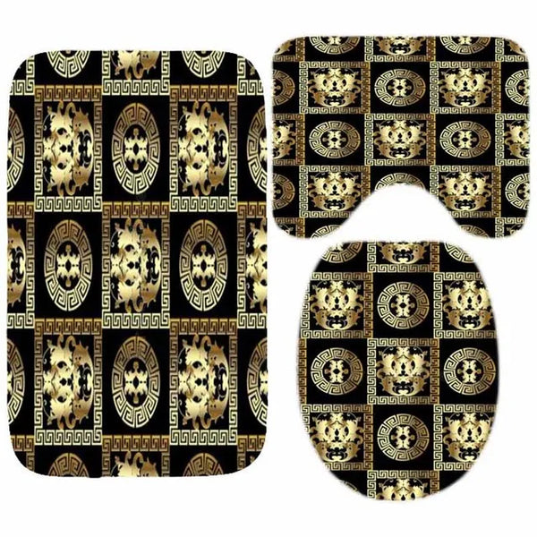 3D Luxury Black Gold Greek Key Meander Baroque Bathroom Curtains Shower Curtain Set for Bathroom Modern Geometric Bath Rug Decor