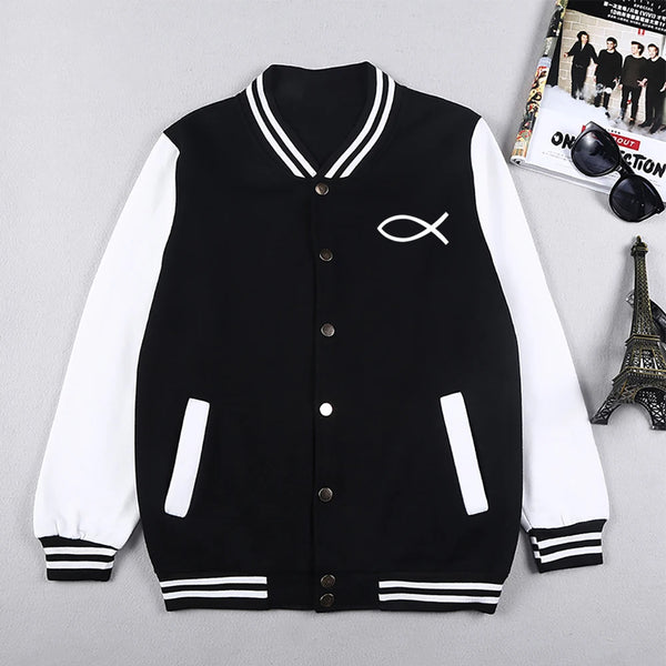 2024 Winter Mens Baseball Uniform Christian JESUS Fish Coats Brand Jacket Fleece Bomber Coat Casual Streetwear Plus Size S-5xl