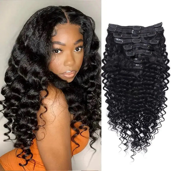 Deep Wave Clip Ins Human Hair Extensions for Women 8Pcs Extensions Real Human Hair Curly Thick to Ends With 120g/Set