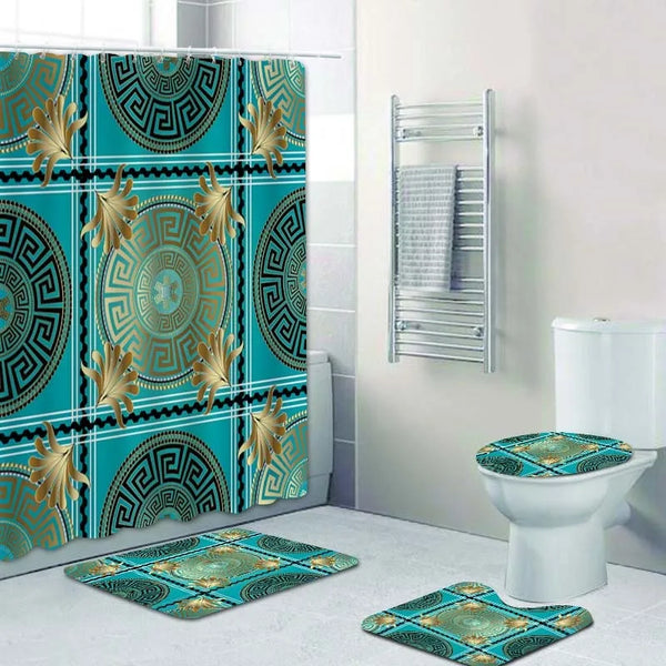 3D Luxury Black Gold Greek Key Meander Baroque Bathroom Curtains Shower Curtain Set for Bathroom Modern Geometric Bath Rug Decor