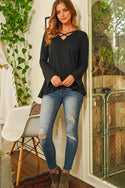 Criss Cross Neck Long Sleeve Hacci Top