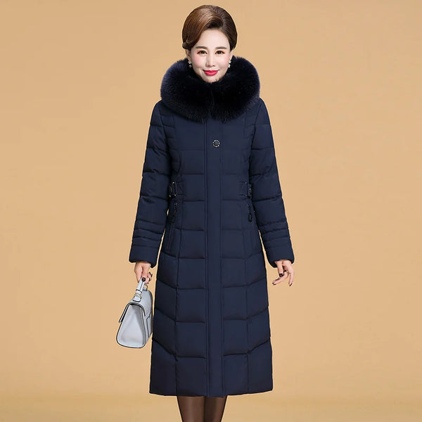 2023 New Winter Jacket Women Hooded Fur Collar X-Long Thicken Middle-Aged Womens Winter Coats Cotton Long Parkas High Quality