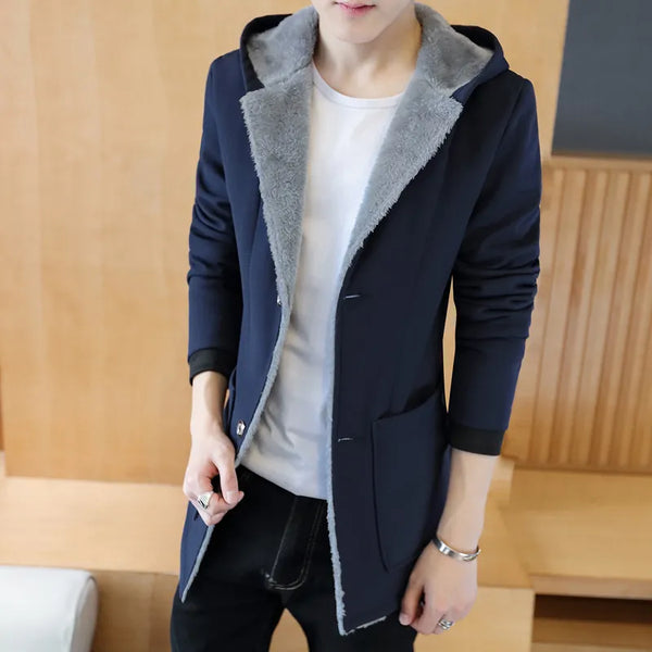 Winter Men With Warm Hood Men's Coats Fashion Winter Men 'S Cashmere Warm Jacket Hoodie Trench Plus Size Man Jackets  Black