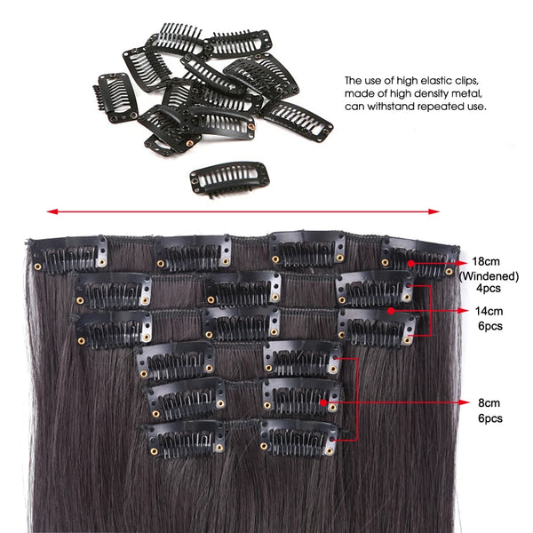 Leeons 16Clips Long Straight Synthetic Clip on Hair Extensions Cheveux Clip Naturel High Temperature Fiber Black Brown Hairpiece