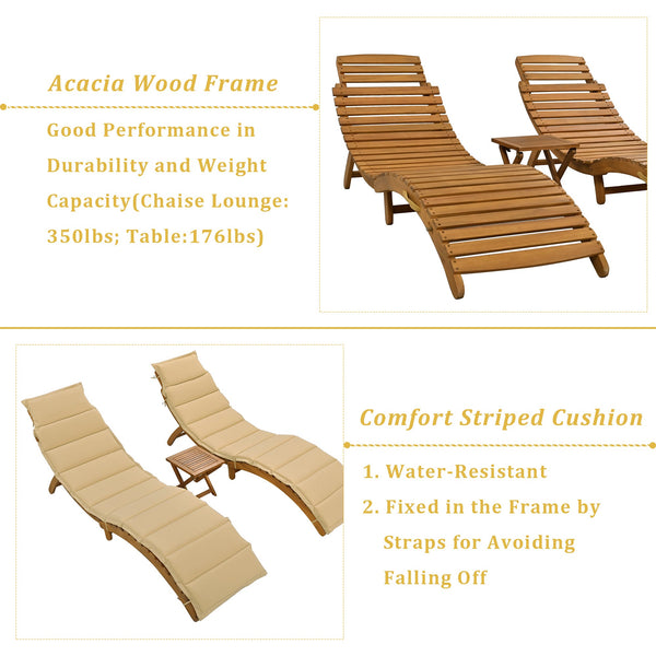 Outdoor Patio Wood Portable Extended Chaise Lounge Set With Foldable Tea Table for Balcony, Poolside, Garden, Brown