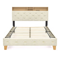 Queen Size Bed Frame, Shelf Upholstered Headboard, Platform Bed With Outlet & USB Ports, Wood Legs, No Box Spring Needed