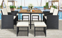 Patio All-Weather PE Wicker Dining Table Set With Wood Tabletop for 8, Black Rattan+Beige Cushion (9-Piece)