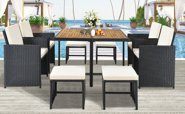 Patio All-Weather PE Wicker Dining Table Set With Wood Tabletop for 8, Black Rattan+Beige Cushion (9-Piece)