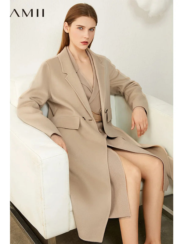 Amii Minimalism Winter 100%wool Women's Coat Temperament Lapel Knee-Length Double-Sided Woolen Coat Winter Coat Women 12030467