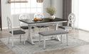 Mid-Century 6-Piece Trestle Table Set With Victorian Round Upholstered Dining Chairs and Long Bench, Gray+Antique White