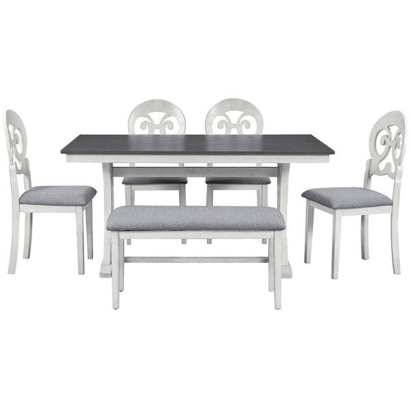 Mid-Century 6-Piece Trestle Table Set With Victorian Round Upholstered Dining Chairs and Long Bench, Gray+Antique White