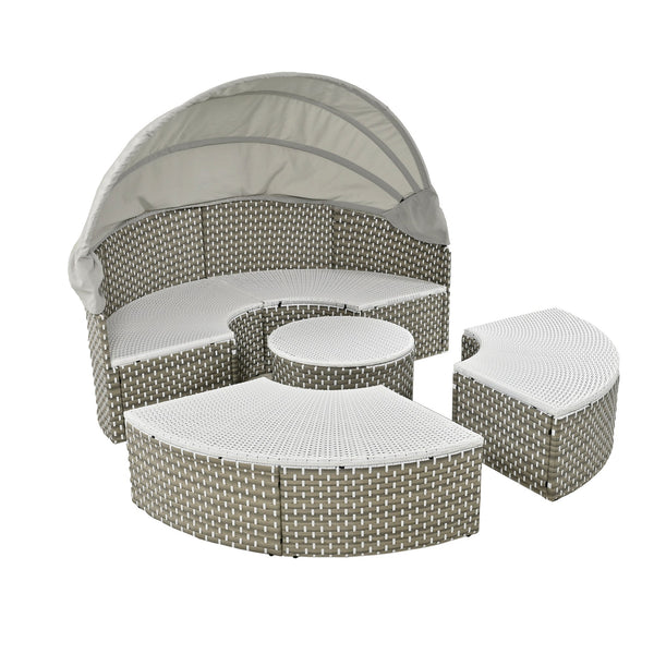 Patio Furniture Round Outdoor Sectional Sofa Set Rattan Daybed Two-Tone Weave Sunbed With Retractable Canopy, Separate S