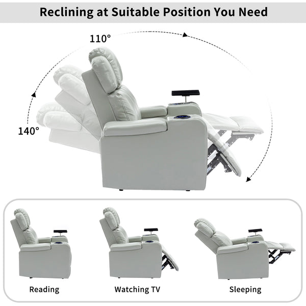 PU Leather Power Recliner Individual Seat Home Theater Recliner With Cooling Cup Holder, Bluetooth Speaker, LED Lights,