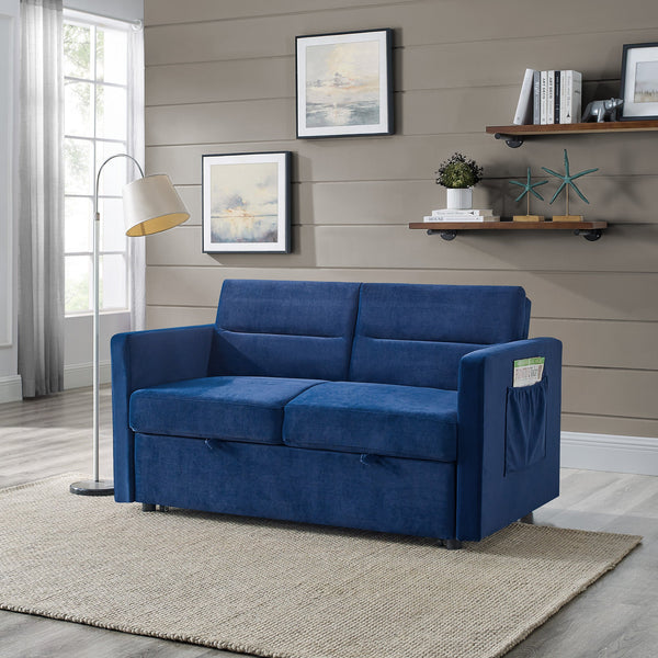 Loveseats Sofa Bed With Pull-Out Bed,Adjsutable Back and Two Arm Pocket,Blue (54.5"x33"x31.5")