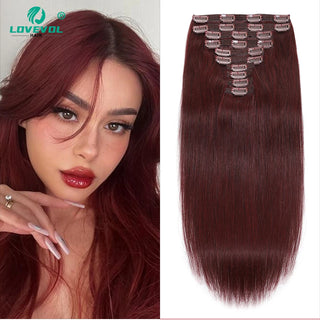 Lovevol  Burgundy Wine Clip in Hair Extensions Real Human Hair 10pcs Real Hair Extension Clip Full Head Soft Natural Extensions