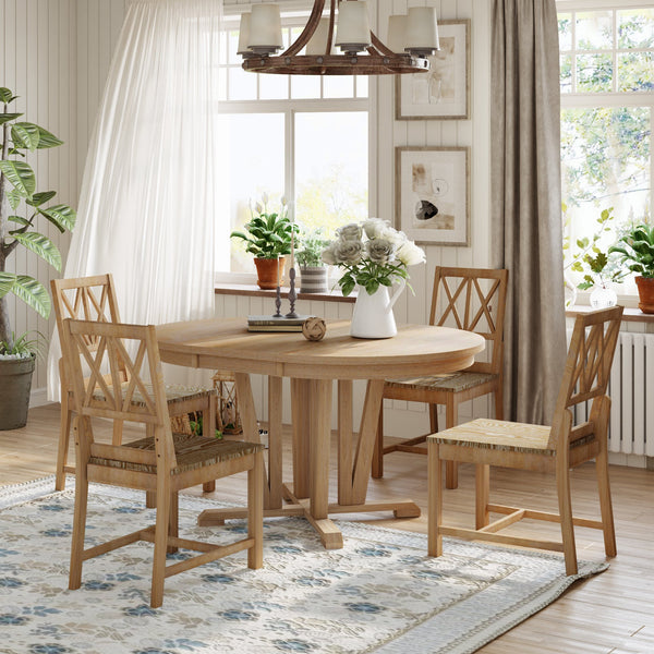 Rustic 5-Piece Extendable Dining Table Set Round Trestle Table and 4 Cross Back Dining Chairs for Kitchen, Dining Room,