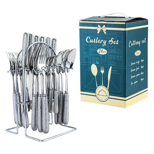 24 Pcs Stainless Steel Cutlery Hammer Pattern Ceramic Handle Knife Fork Spoon Set Cutlery Set Travel Cutlery Set Flatware Set