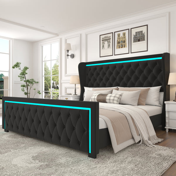 Queen Platform Bed Frame With High Headboard, Velvet Upholstered Bed With Deep Tufted Buttons, Adjustable Colorful LED L