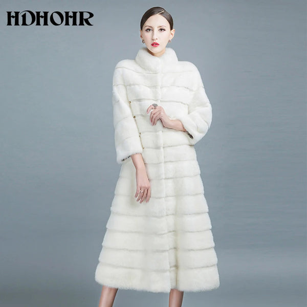 HDHOHR 2024 High Quality Natural Mink Fur Coats Long With Skirt Women Winter Real White Mink Coats Slim Warm Fur Jackets Feamle