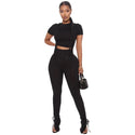 Women Fashion Trendy Crop Top and Pants Solid Two Piece Set