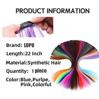 LUPU 22 Inch Synthetic Colored Highlight Hair Extensions Rainbow Long Straight Hairpieces for Women Kids Girls Purple Pink Blue