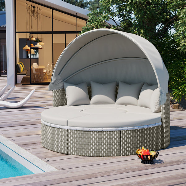 Patio Furniture Round Outdoor Sectional Sofa Set Rattan Daybed Two-Tone Weave Sunbed With Retractable Canopy, Separate S